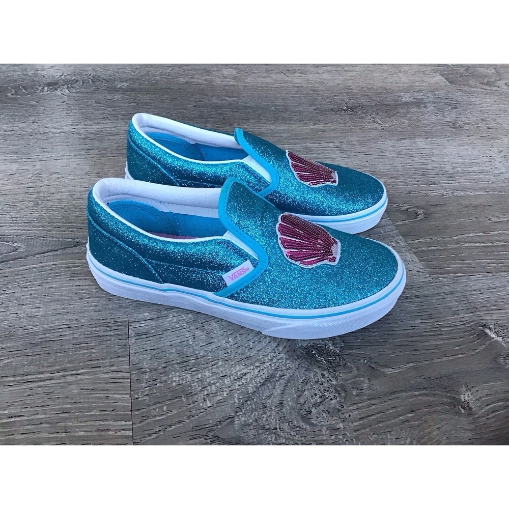 Vans OTW Youth Girls Size 3 Shoes Blue Pink Glitter Seashell Slip on Canvas